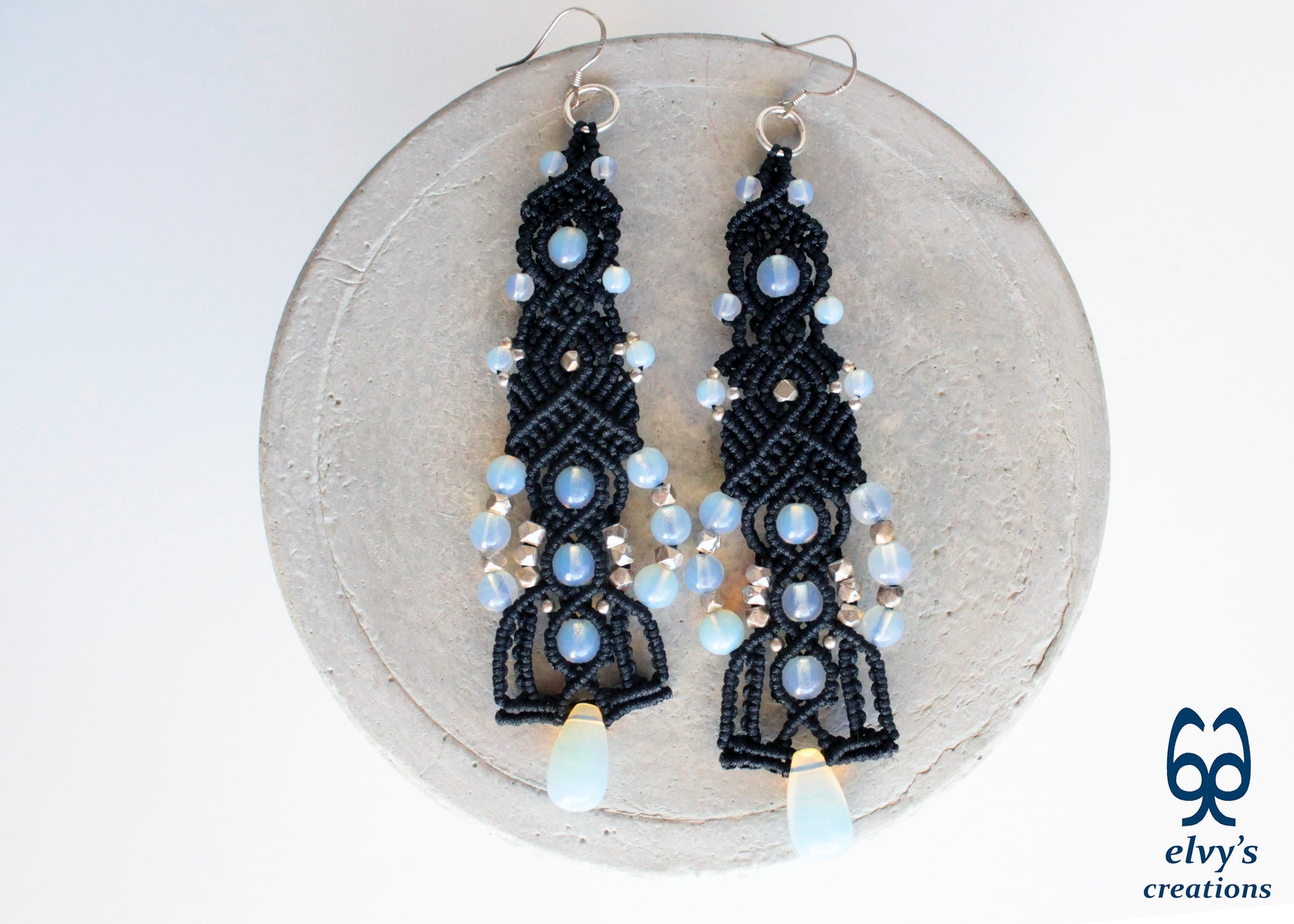 Moonstone Macrame Earrings, Silver Beaded Gemstone Earrings, Gift for Women