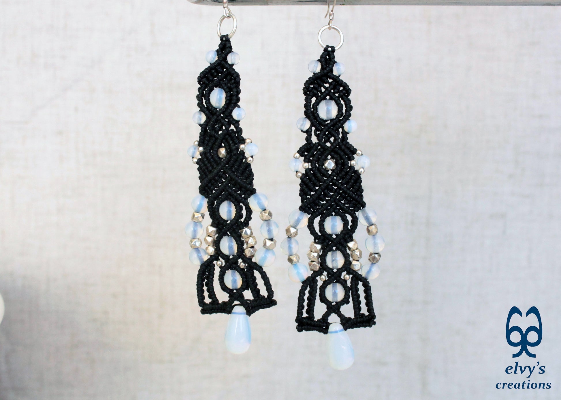 Moonstone Macrame Earrings, Silver Beaded Gemstone Earrings, Gift for Women