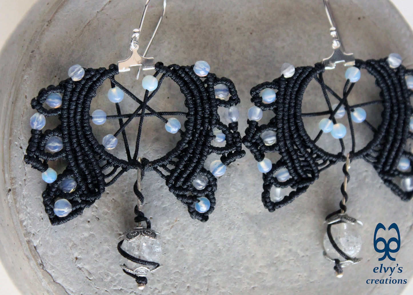 Moonstone Macrame Hoop Earrings, Silver Beaded Gemstone Earrings Gift for Women