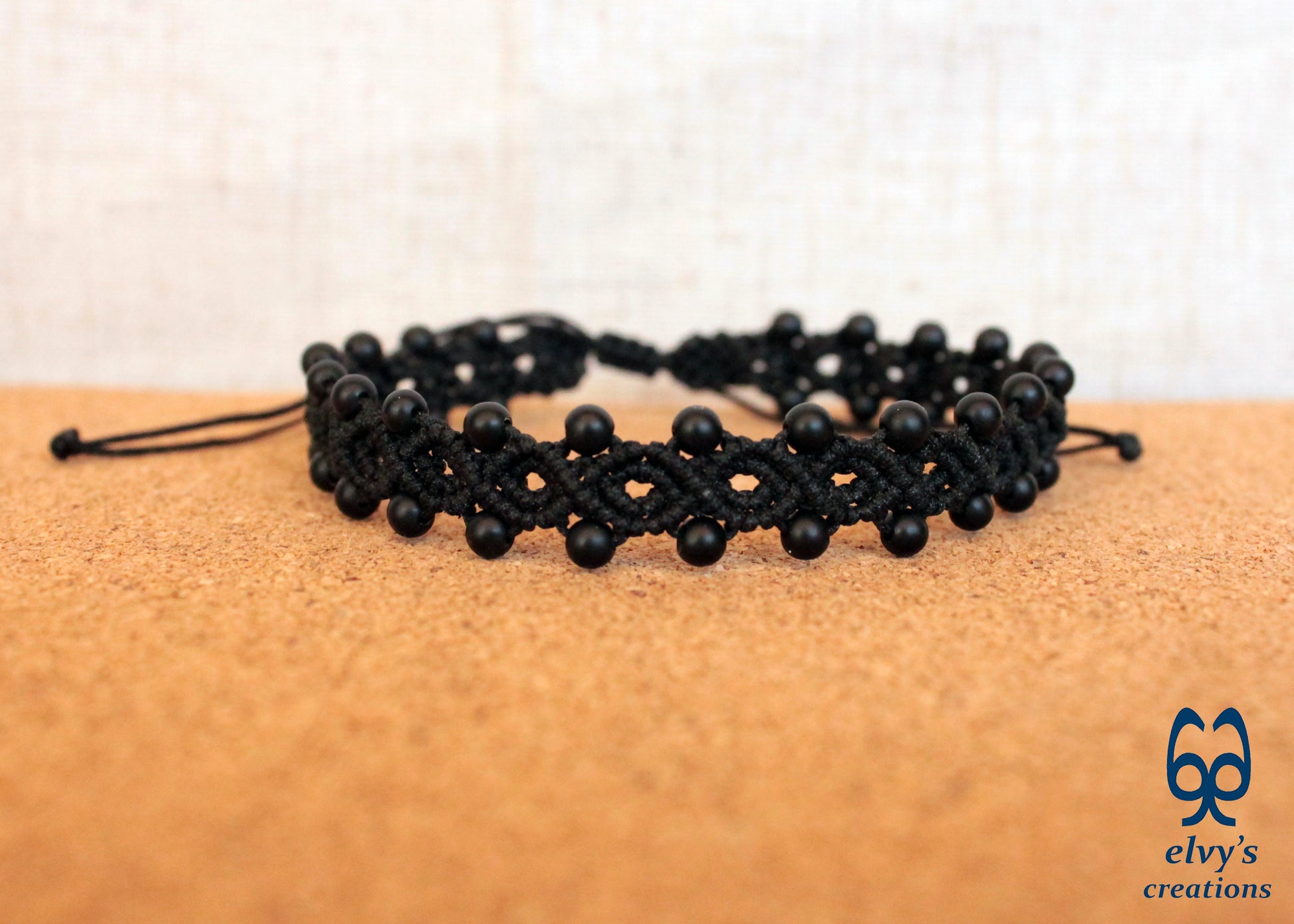 Handmade Macrame Bracelet,Black Onyx Gemstone Beaded Cuff, Unique Birthday Gift for Women or Men