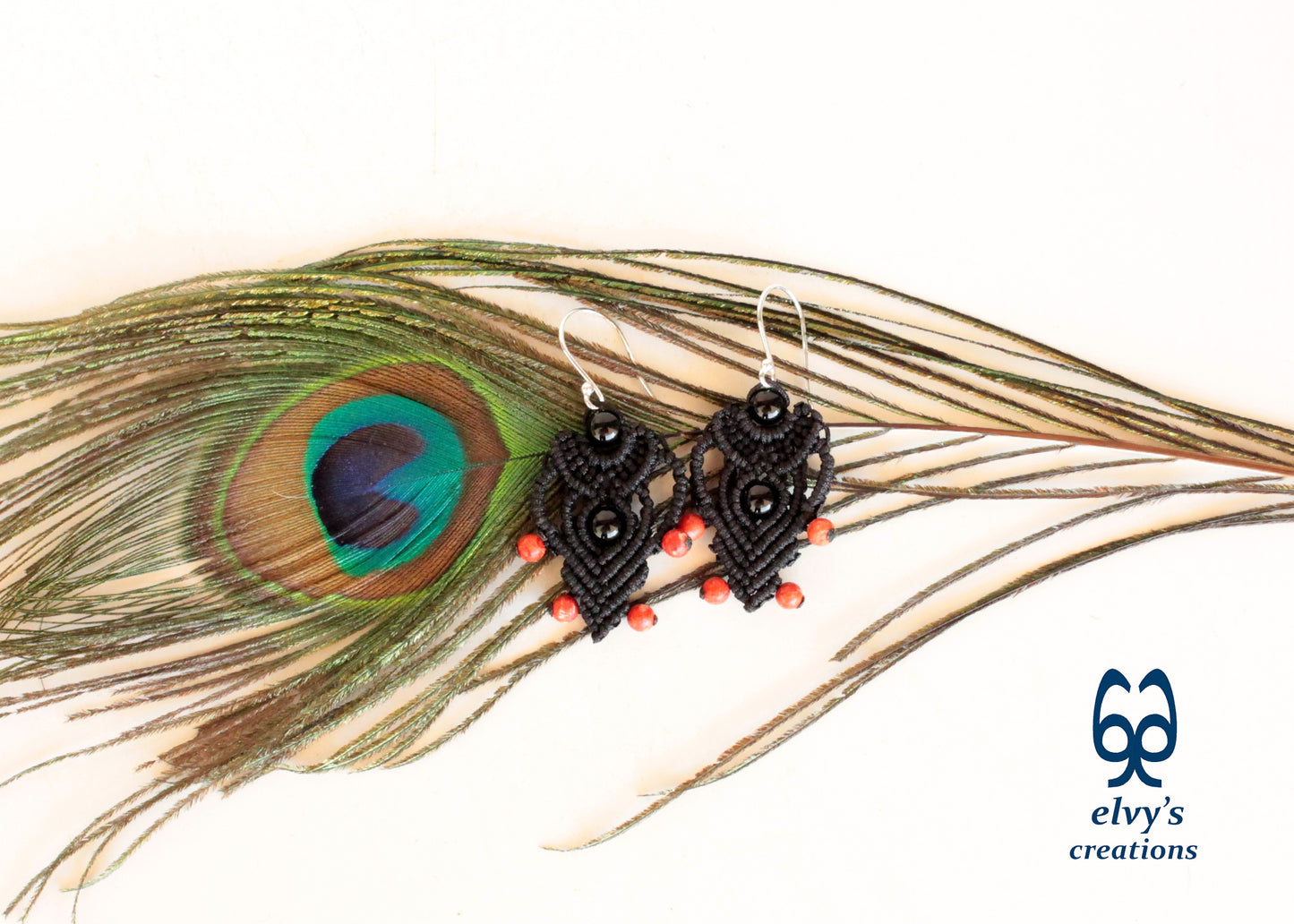 Black Macrame Earrings with Onyx and Corals