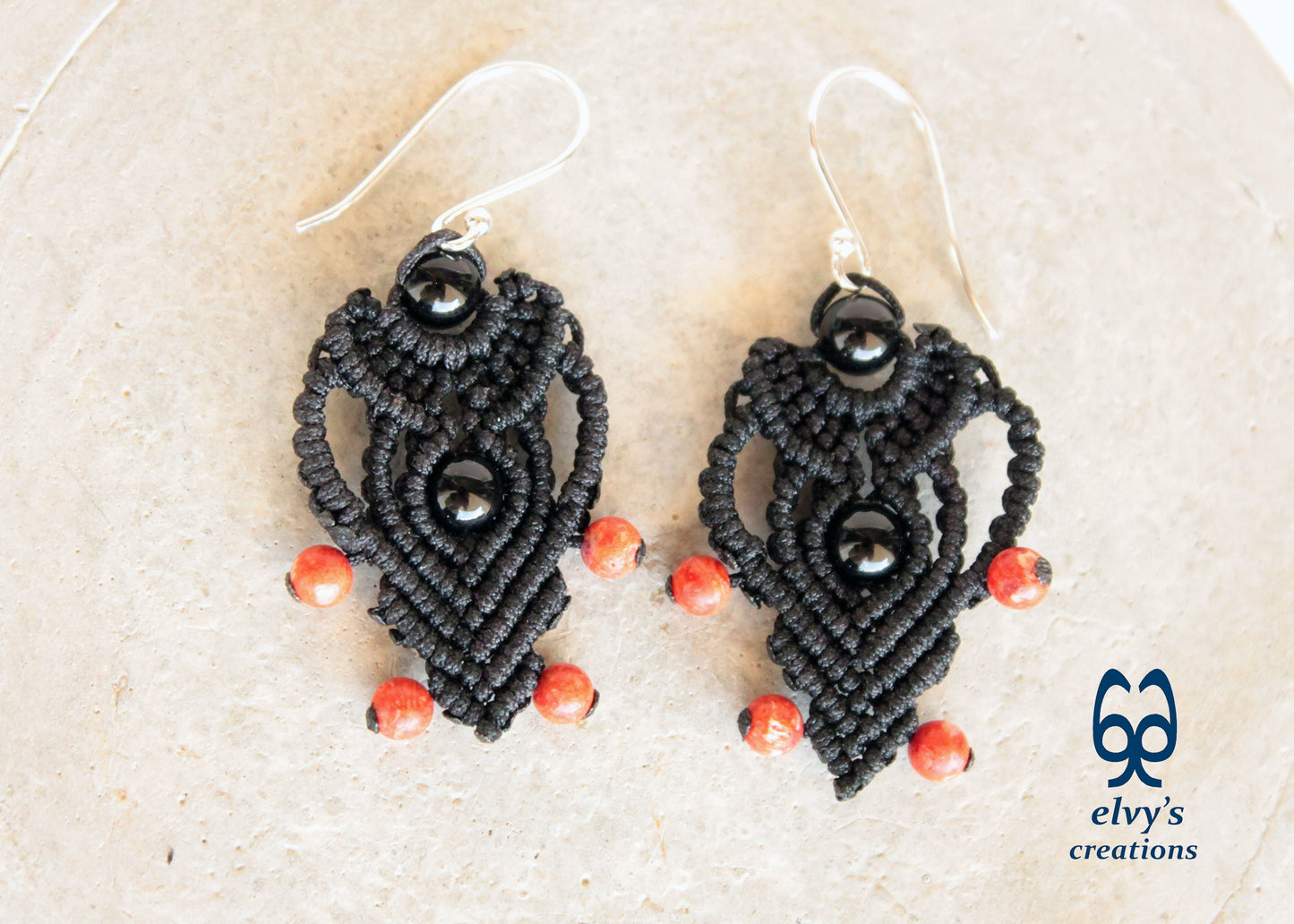 Black Macrame Earrings with Onyx and Corals
