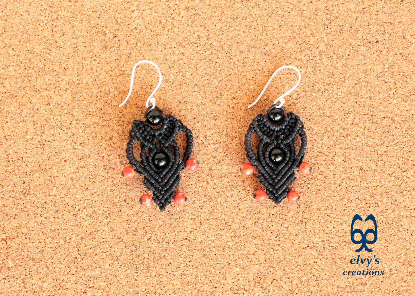 Black Macrame Earrings with Onyx and Corals