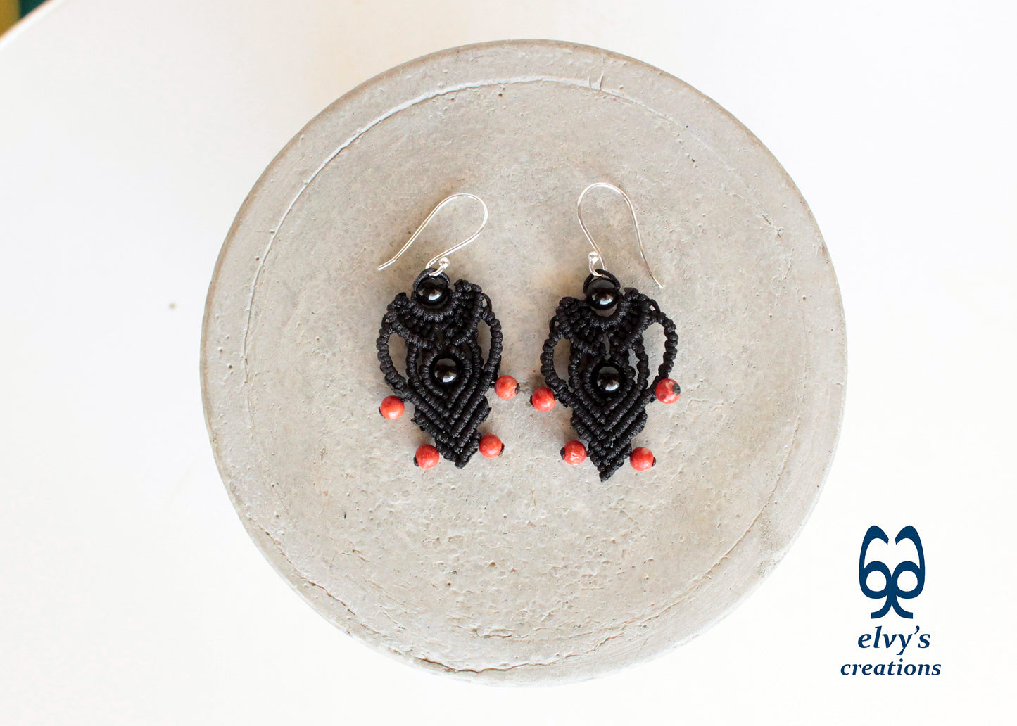 Black Macrame Earrings with Onyx and Corals