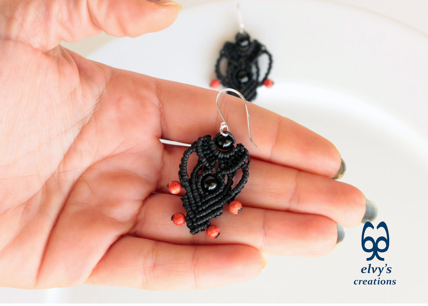 Black Macrame Earrings with Onyx and Corals