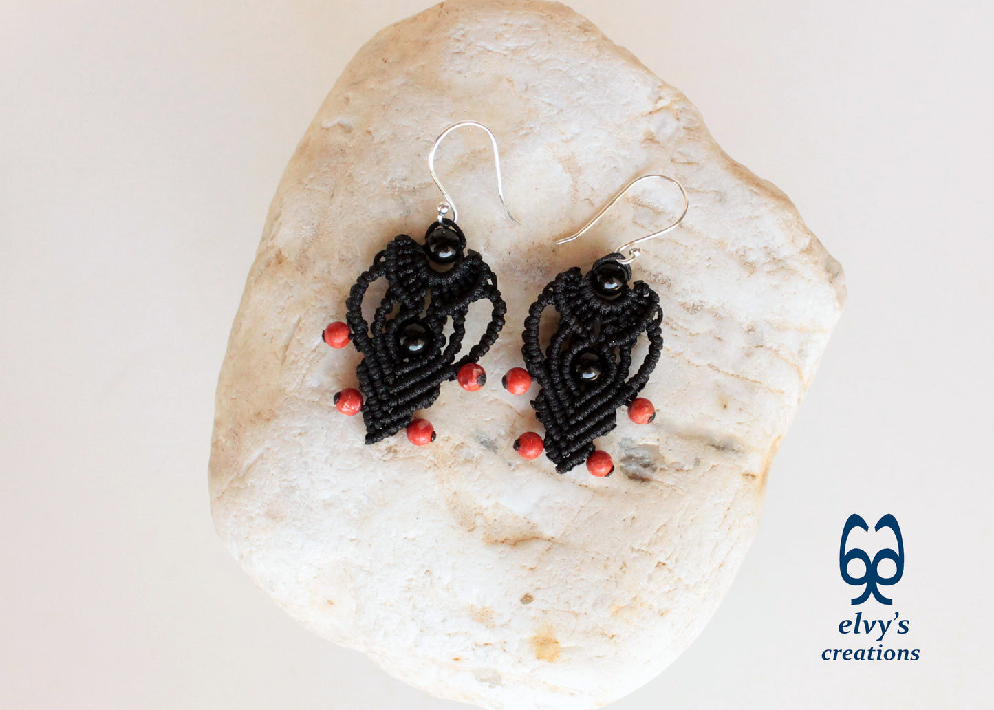 Black Macrame Earrings with Onyx and Corals