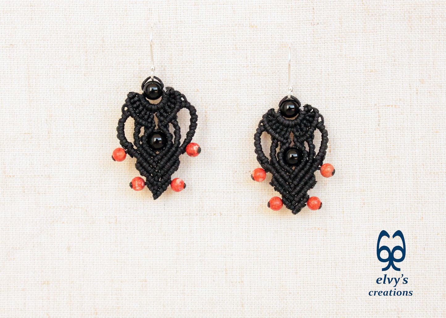 Black Macrame Earrings with Onyx and Corals