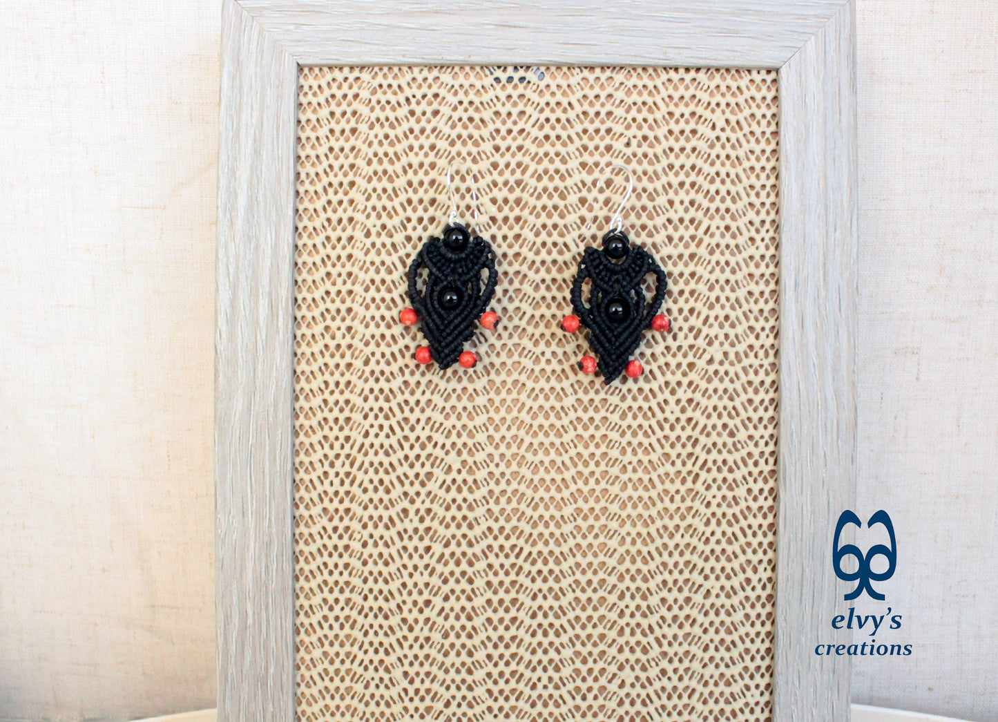 Black Macrame Earrings with Onyx and Corals