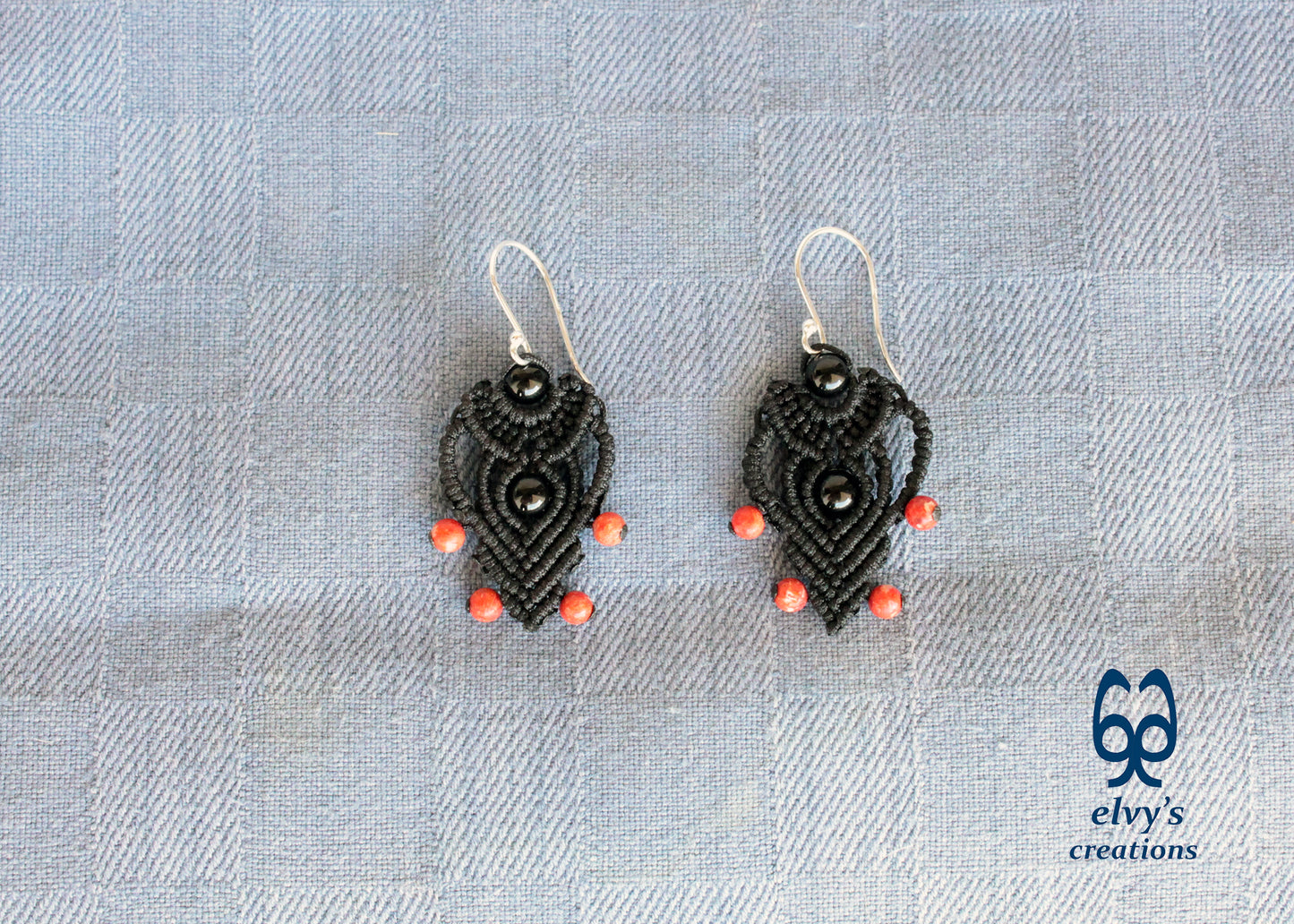 Black Macrame Earrings with Onyx and Corals