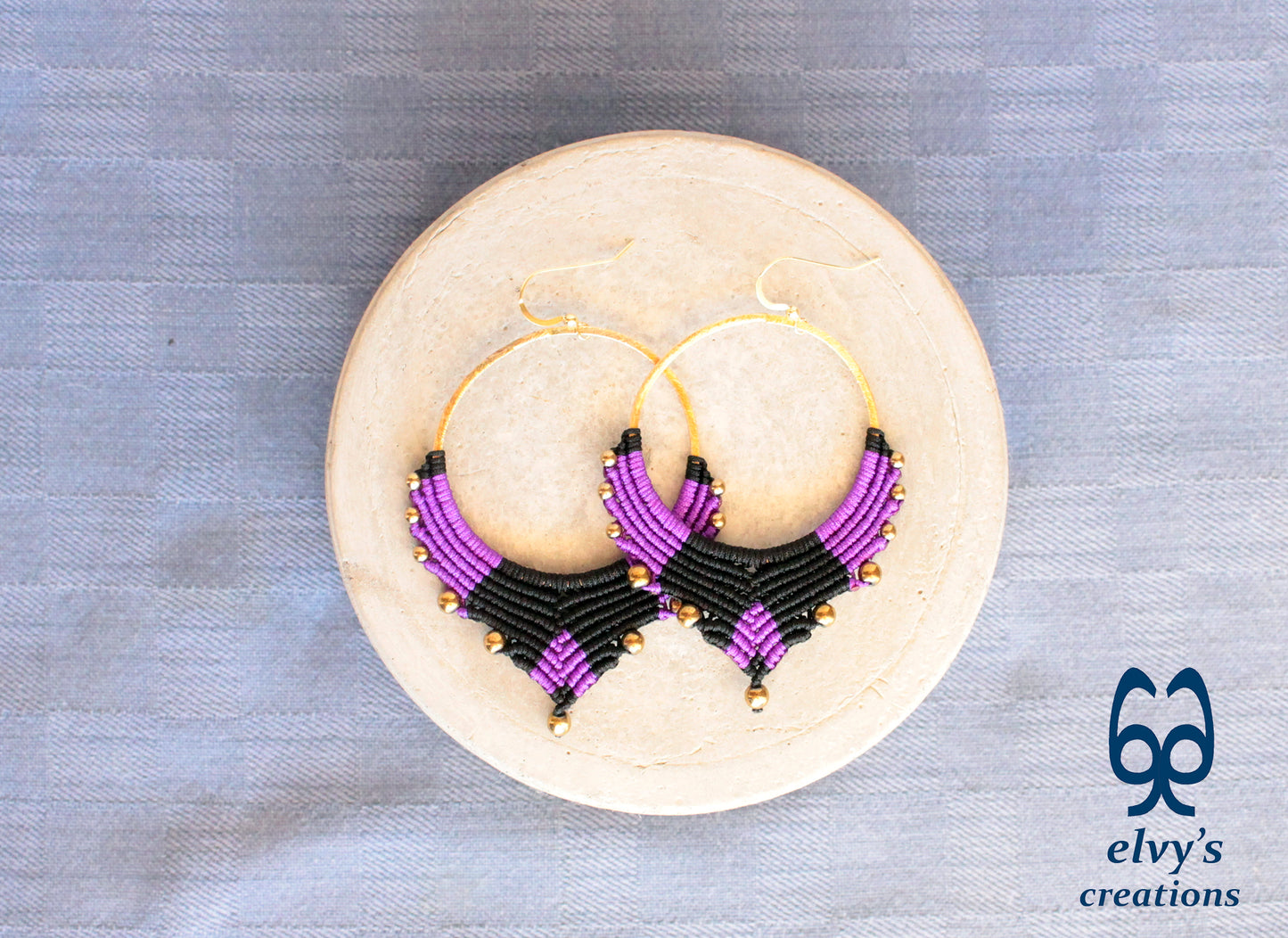 Handmade Gold Macrame Earrings, Dangle Hematite Gemstone Beads Earrings, Birthday Gift for Women