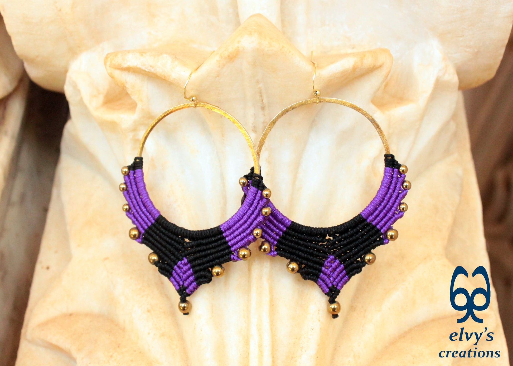 Handmade Gold Macrame Earrings, Dangle Hematite Gemstone Beads Earrings, Birthday Gift for Women