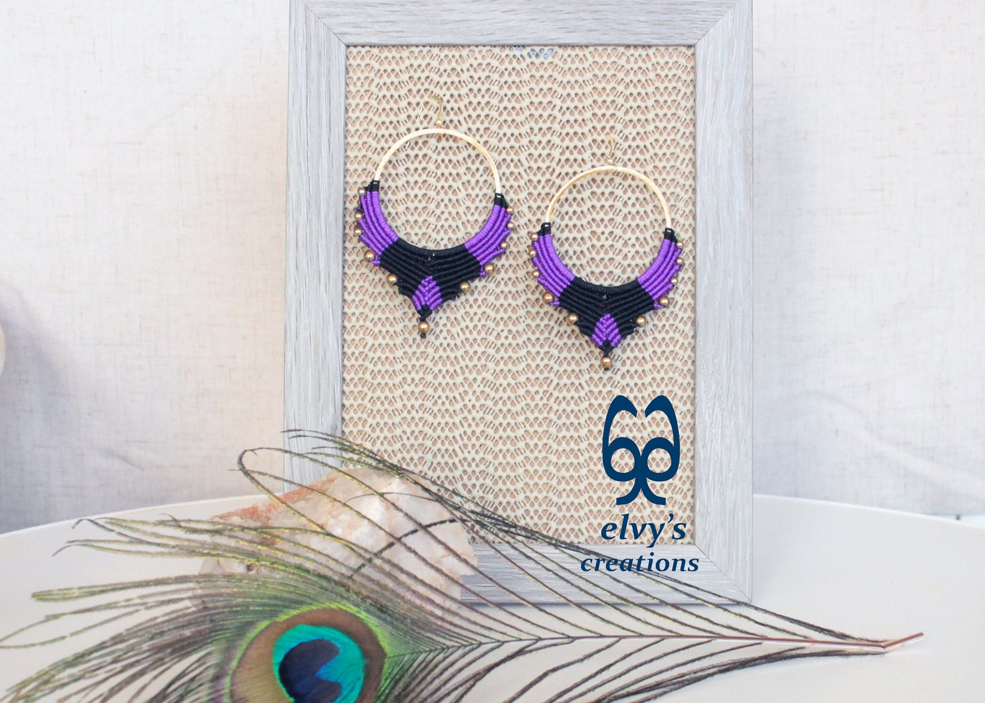 Handmade Gold Macrame Earrings, Dangle Hematite Gemstone Beads Earrings, Birthday Gift for Women