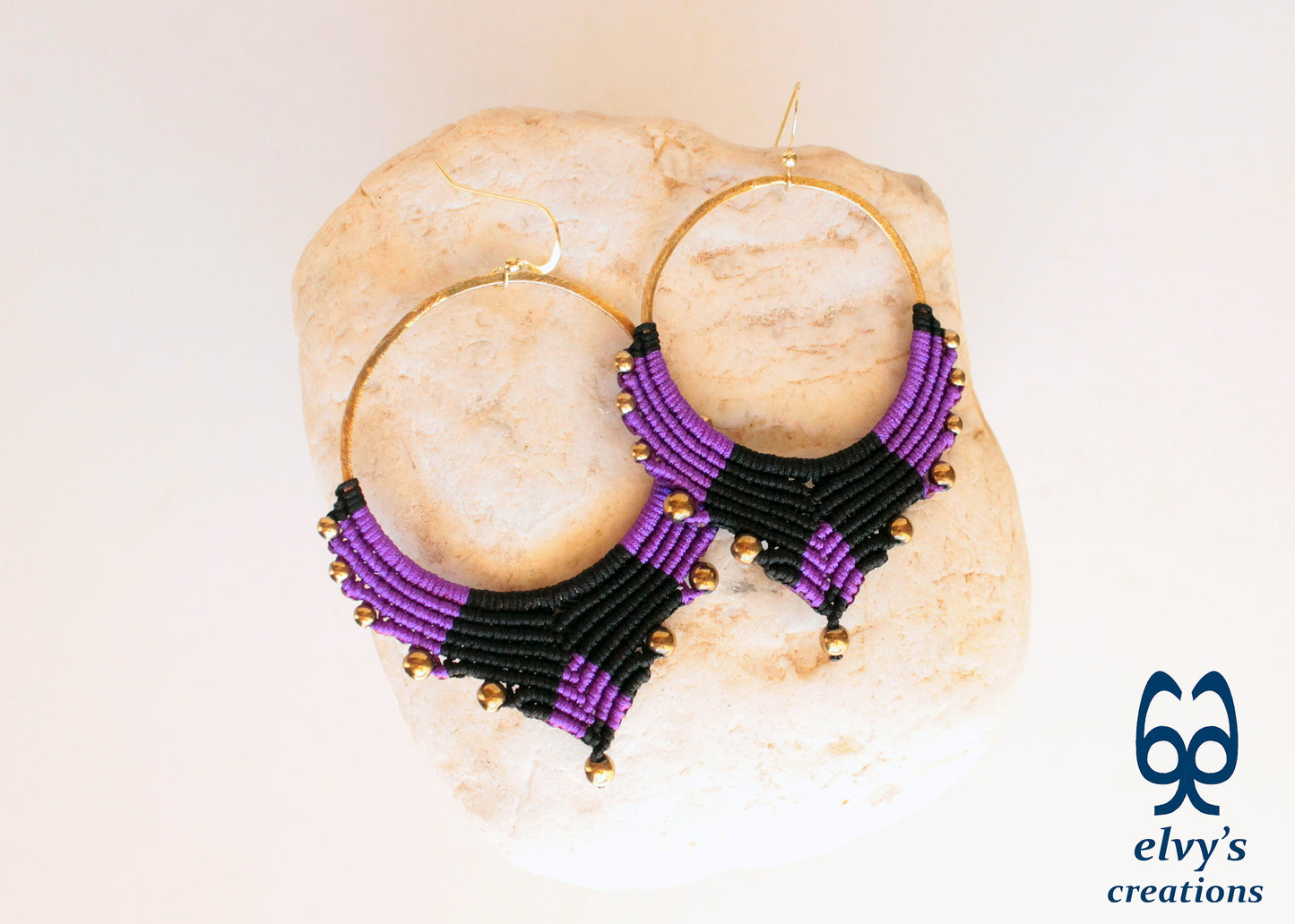 Handmade Gold Macrame Earrings, Dangle Hematite Gemstone Beads Earrings, Birthday Gift for Women