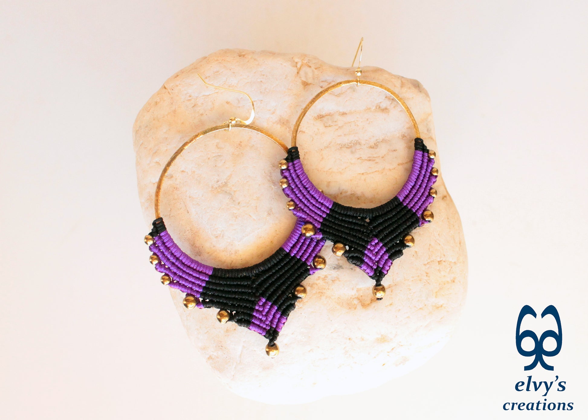 Handmade Gold Macrame Earrings, Dangle Hematite Gemstone Beads Earrings, Birthday Gift for Women