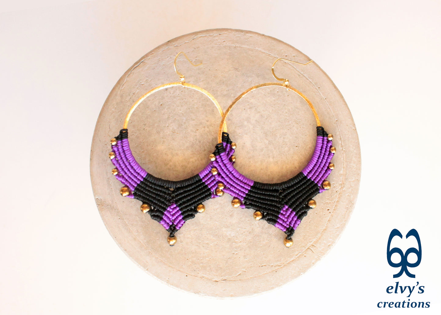 Handmade Gold Macrame Earrings, Dangle Hematite Gemstone Beads Earrings, Birthday Gift for Women