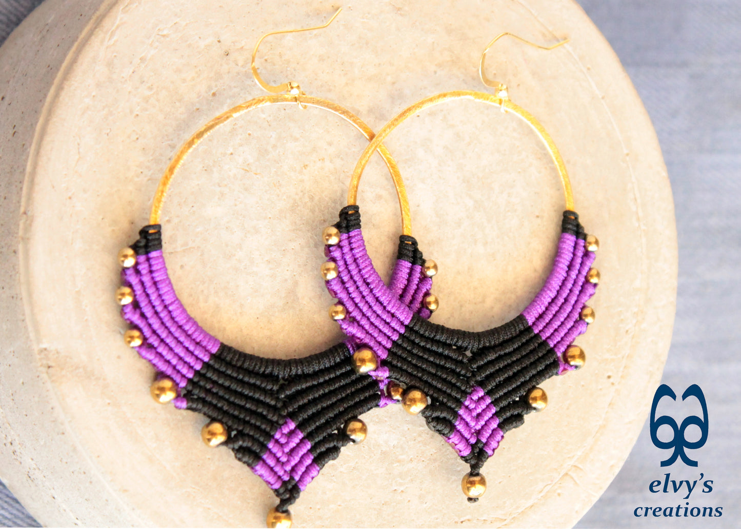 Handmade Gold Macrame Earrings, Dangle Hematite Gemstone Beads Earrings, Birthday Gift for Women