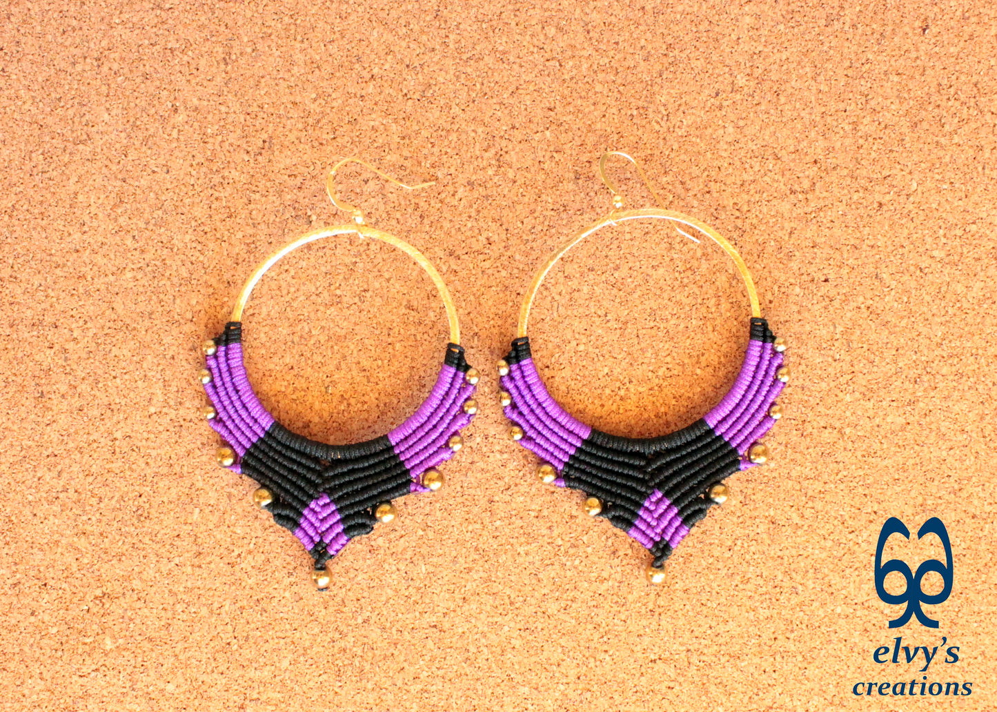 Handmade Gold Macrame Earrings, Dangle Hematite Gemstone Beads Earrings, Birthday Gift for Women