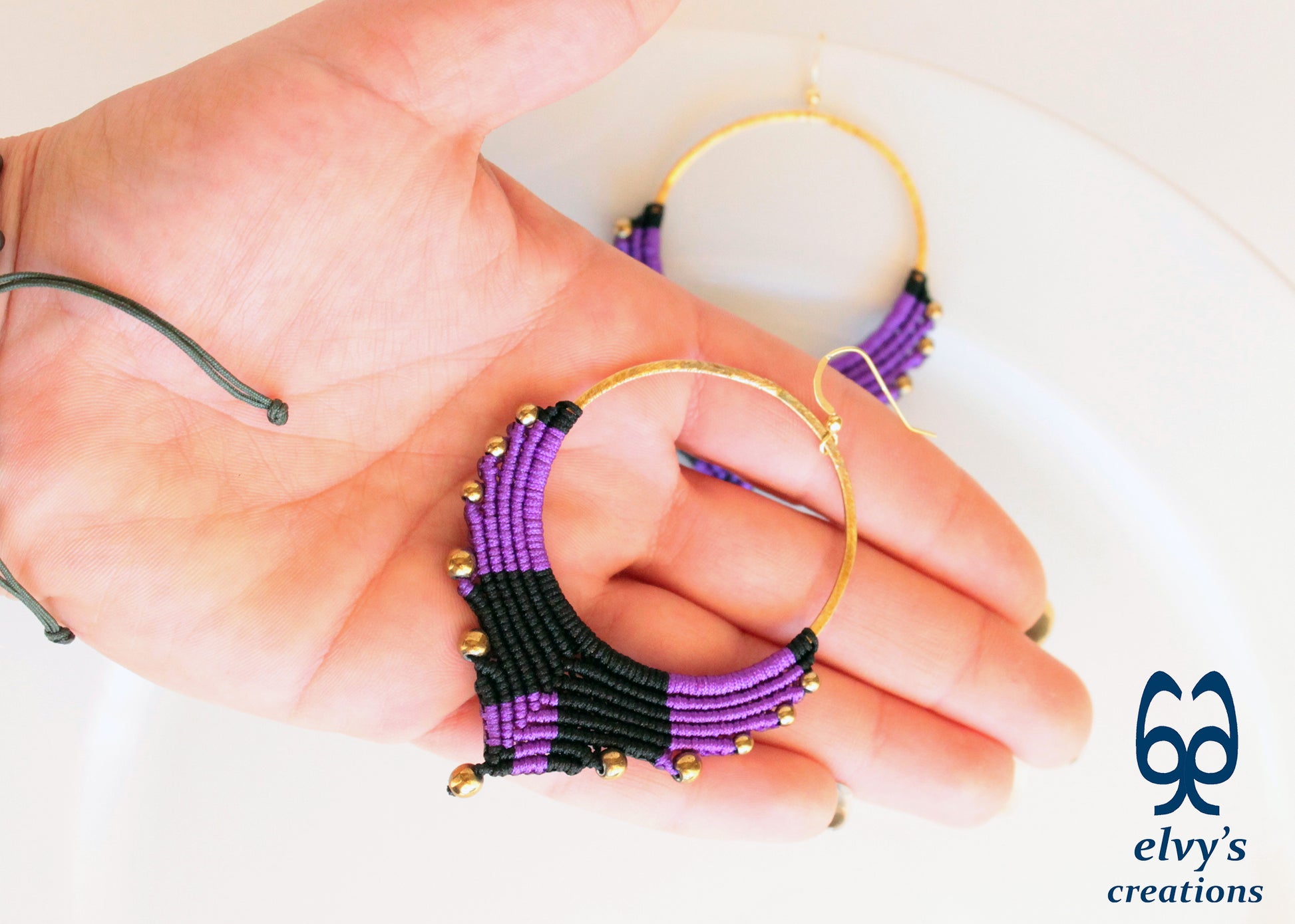 Handmade Gold Macrame Earrings, Dangle Hematite Gemstone Beads Earrings, Birthday Gift for Women