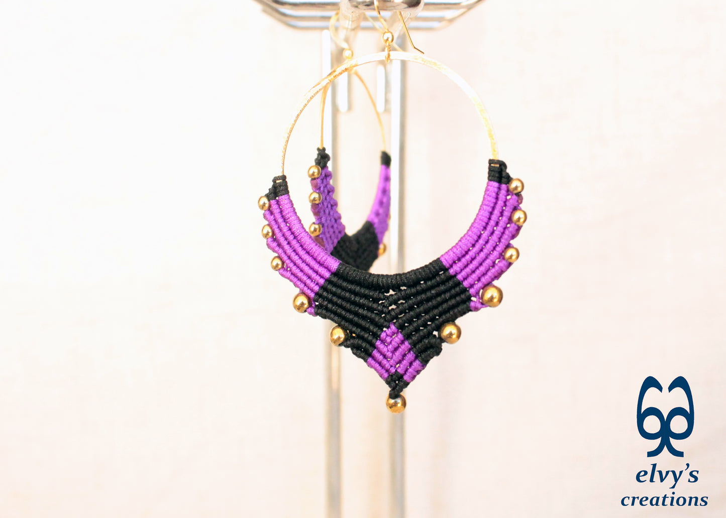 Handmade Gold Macrame Earrings, Dangle Hematite Gemstone Beads Earrings, Birthday Gift for Women