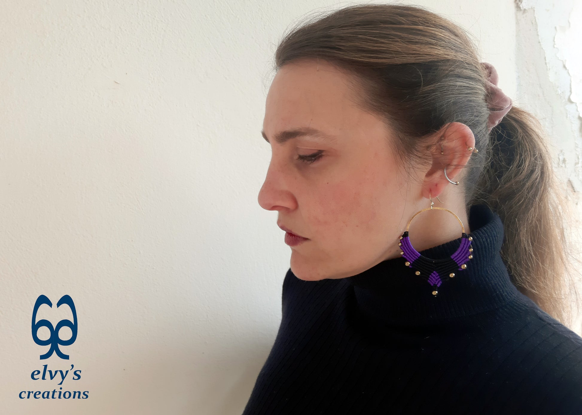 Handmade Gold Macrame Earrings, Dangle Hematite Gemstone Beads Earrings, Birthday Gift for Women