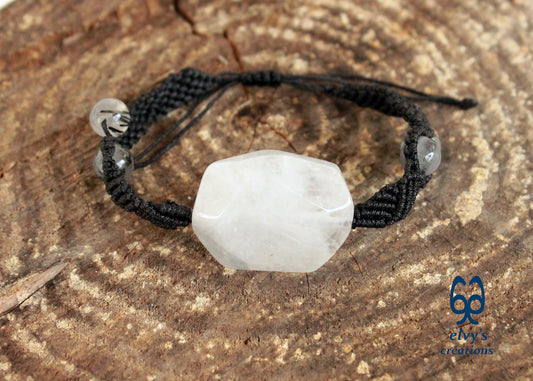 Black Macrame Bracelet with White Crystal Quartz Handmade Adjustable Bracelet Birthday gift for Women