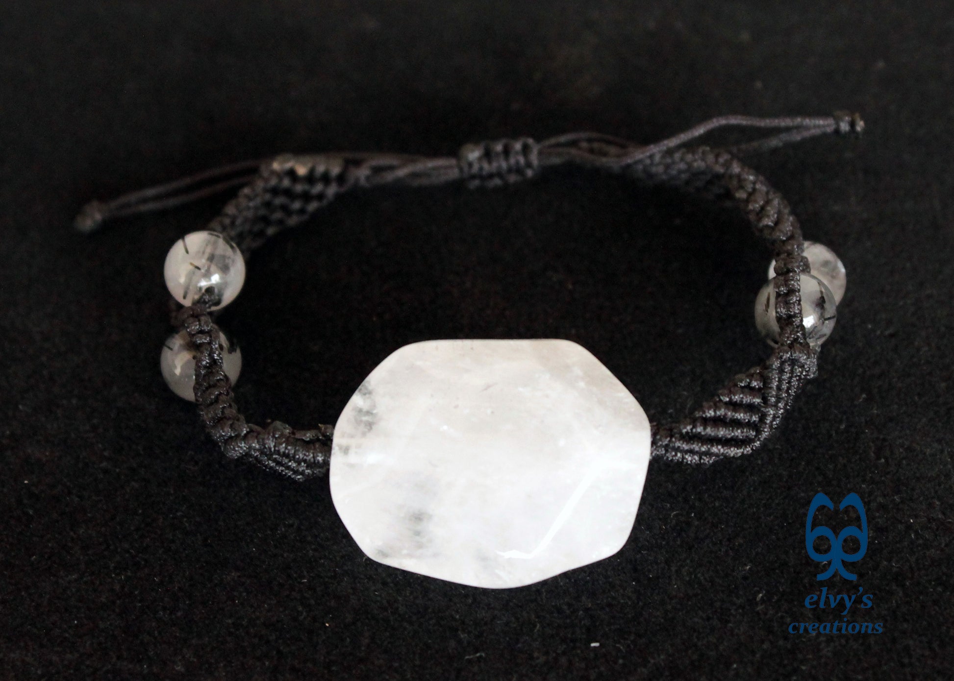 Black Macrame Bracelet with White Crystal Quartz Handmade Adjustable Bracelet Birthday gift for Women