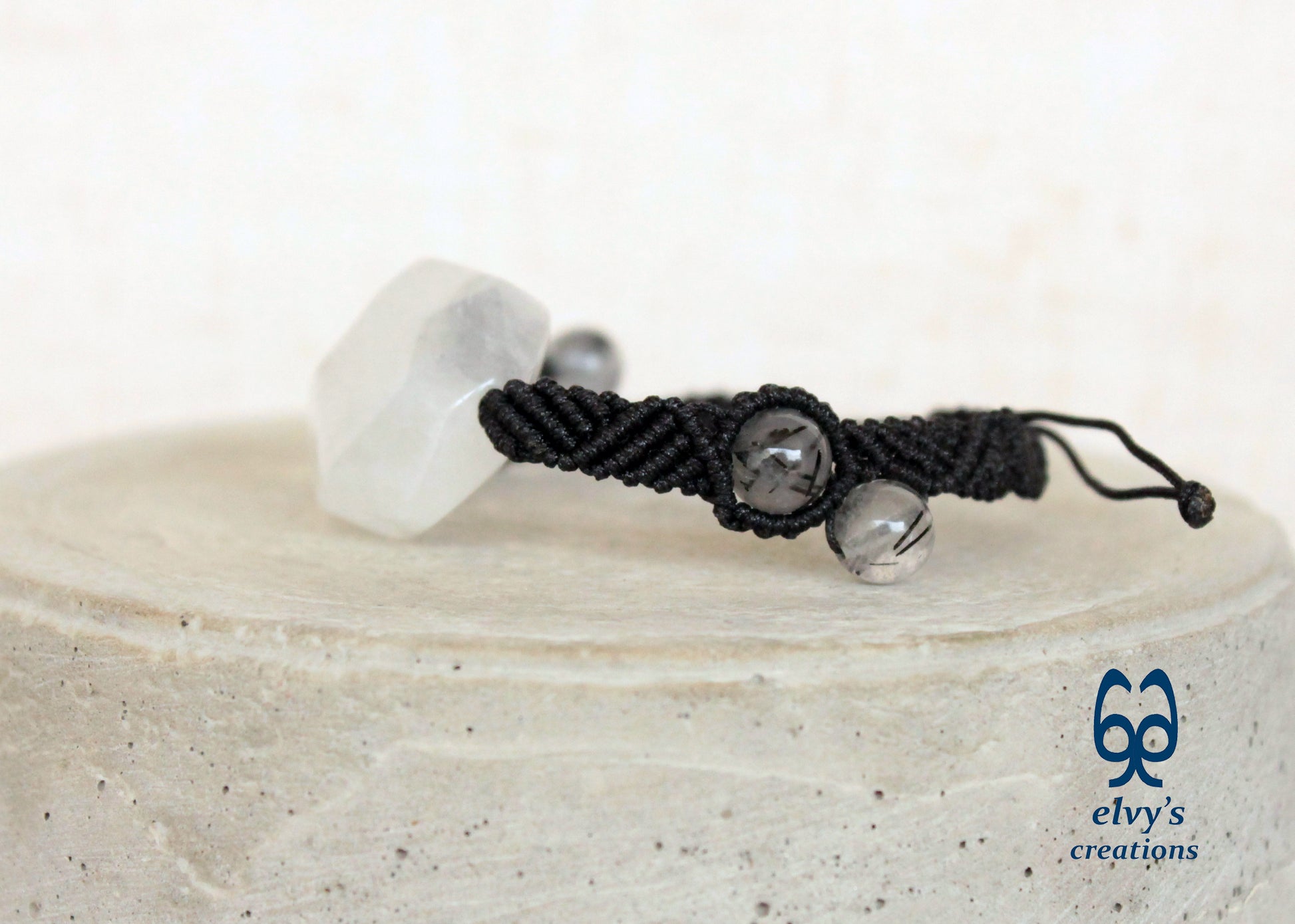 Black Macrame Bracelet with White Crystal Quartz Handmade Adjustable Bracelet Birthday gift for Women