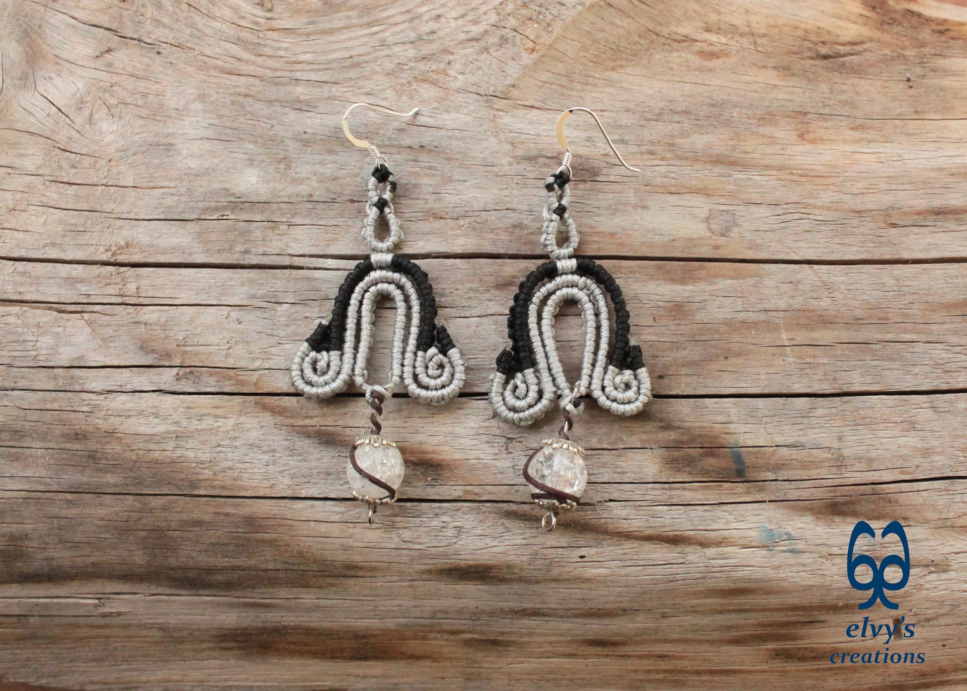 Silver Macrame Earrings with Crystal Quartz Gemstones Black Boho Dangle Earrings