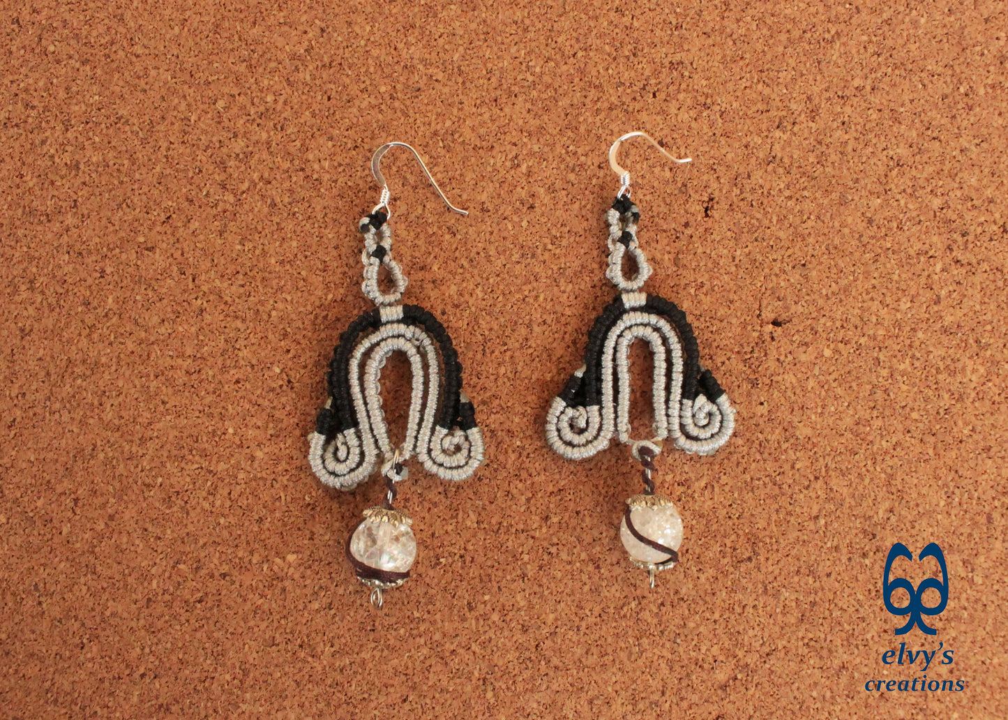 Silver Macrame Earrings with Crystal Quartz Gemstones Black Boho Dangle Earrings