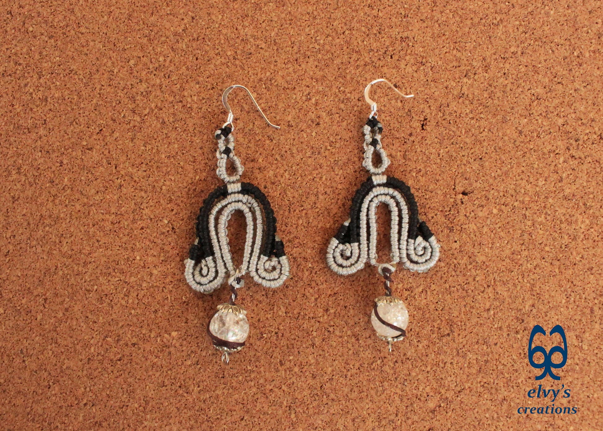 Silver Macrame Earrings with Crystal Quartz Gemstones Black Boho Dangle Earrings