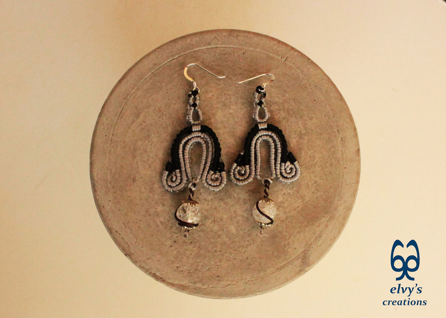 Silver Macrame Earrings with Crystal Quartz Gemstones Black Boho Dangle Earrings