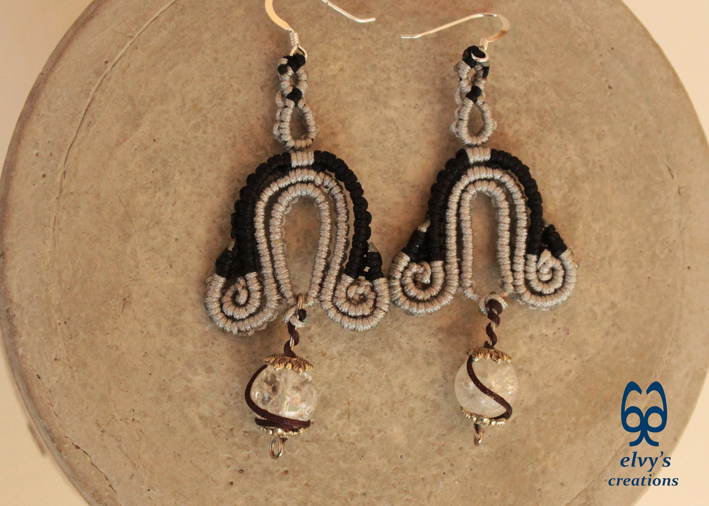 Silver Macrame Earrings with Crystal Quartz Gemstones Black Boho Dangle Earrings