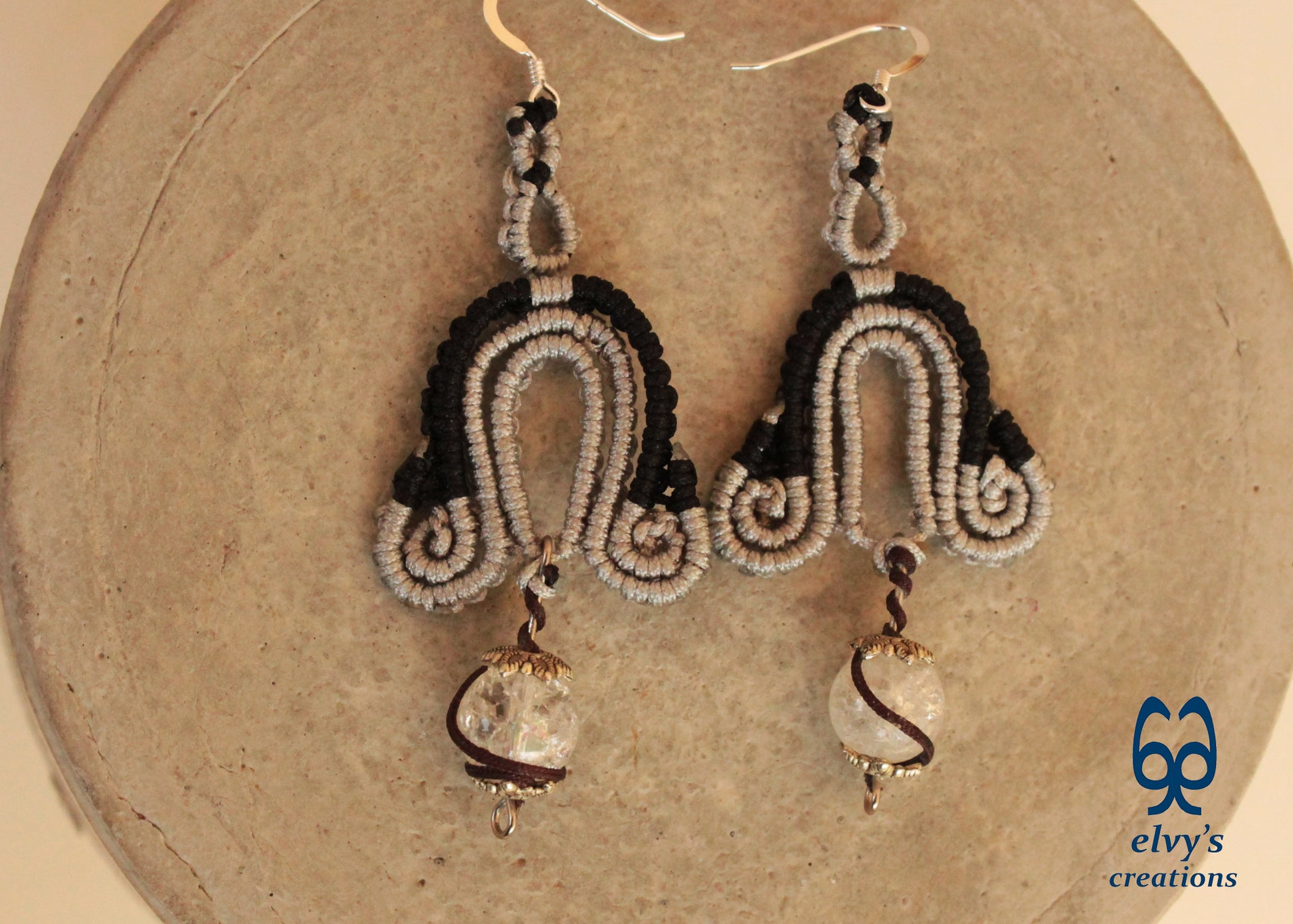 Silver Macrame Earrings with Crystal Quartz Gemstones Black Boho Dangle Earrings