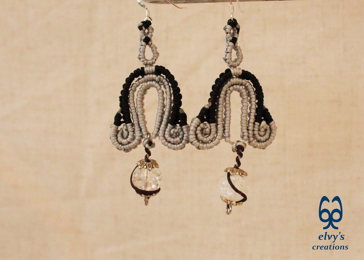 Silver Macrame Earrings with Crystal Quartz Gemstones Black Boho Dangle Earrings