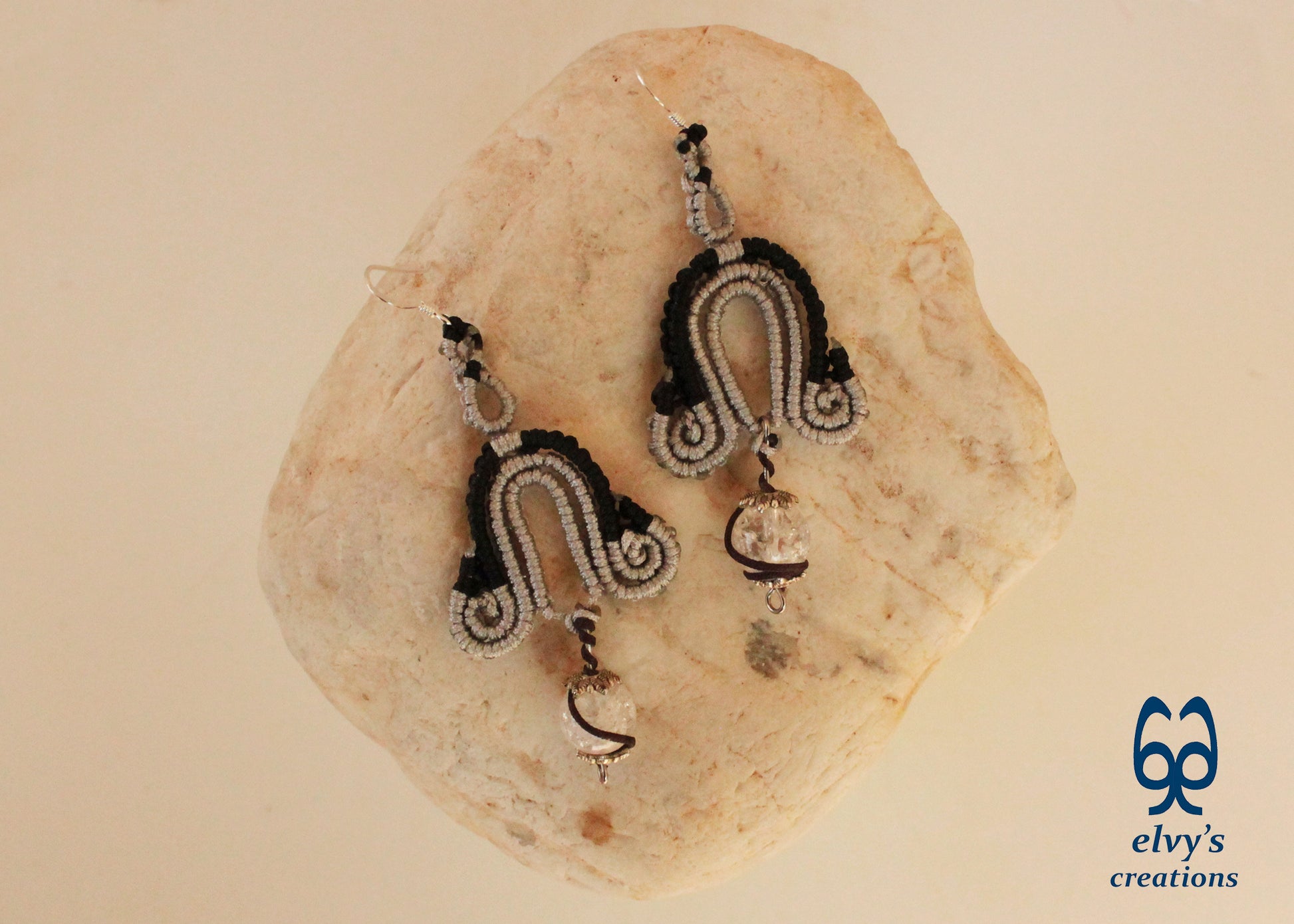 Silver Macrame Earrings with Crystal Quartz Gemstones Black Boho Dangle Earrings