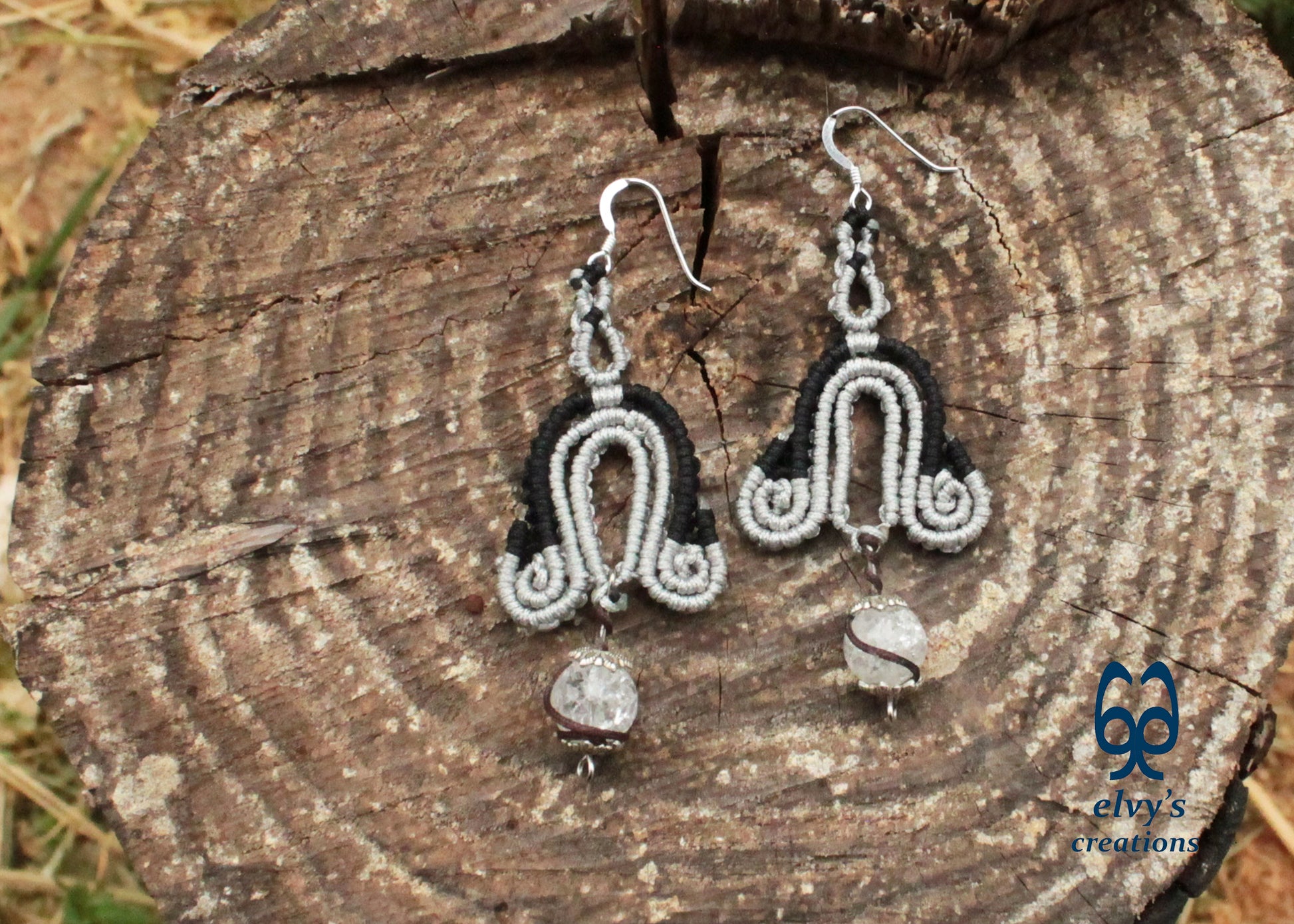 Silver Macrame Earrings with Crystal Quartz Gemstones Black Boho Dangle Earrings