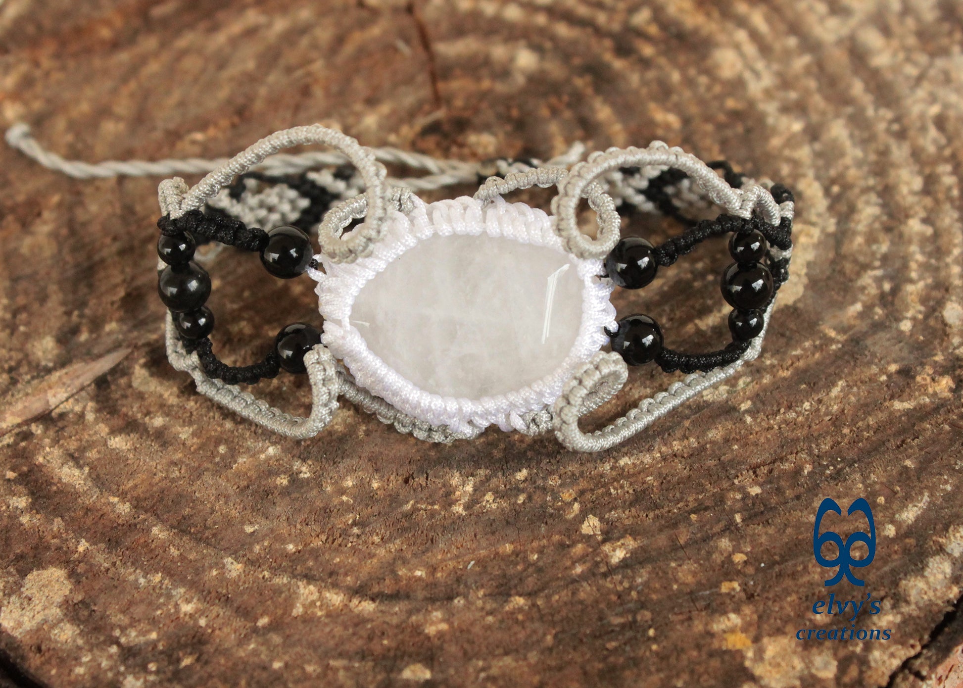 Black Macrame Bracelet, White Crystal Gemstone Handmade Unique Birthday Gift for Women