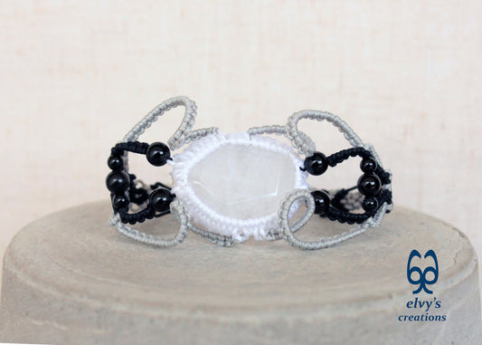 Black Macrame Bracelet, White Crystal Gemstone Handmade Unique Birthday Gift for Women