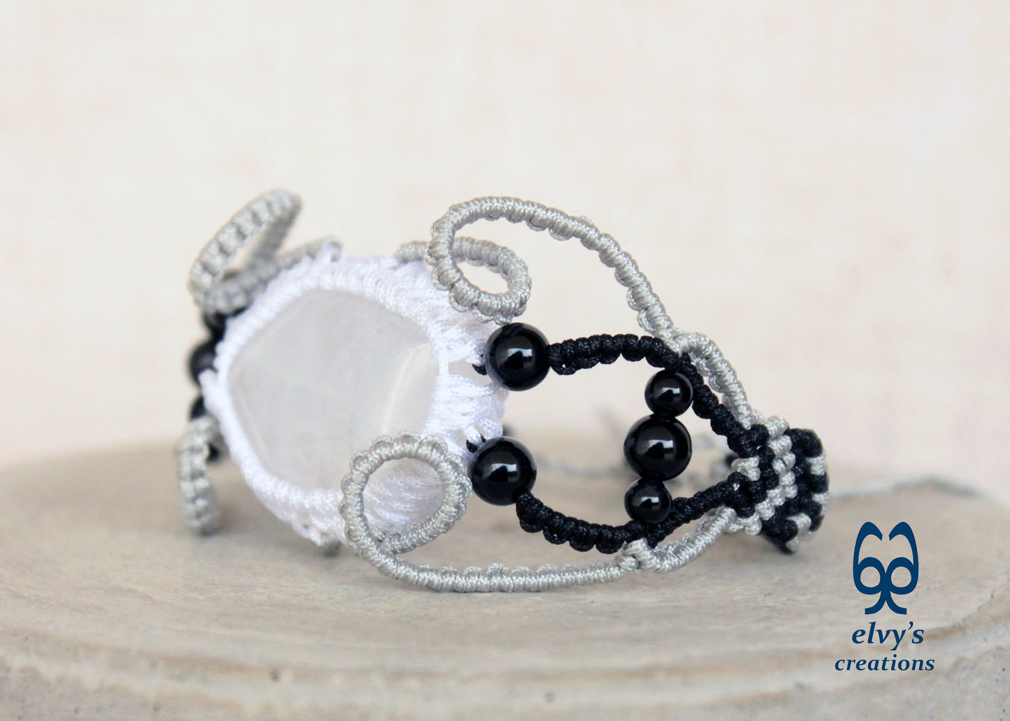 Black Macrame Bracelet, White Crystal Gemstone Handmade Unique Birthday Gift for Women