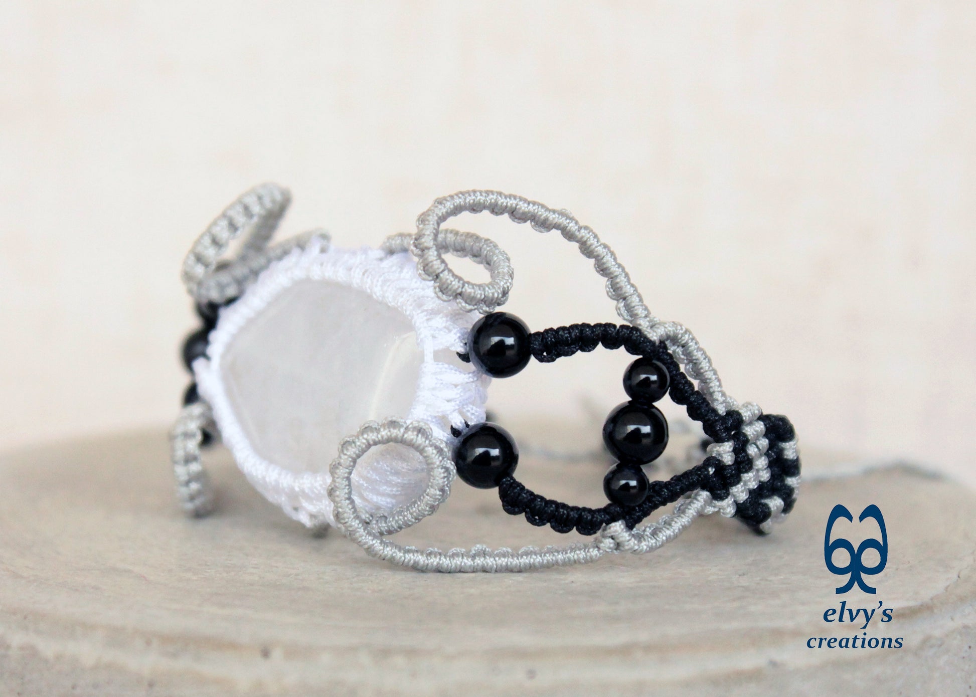 Black Macrame Bracelet, White Crystal Gemstone Handmade Unique Birthday Gift for Women