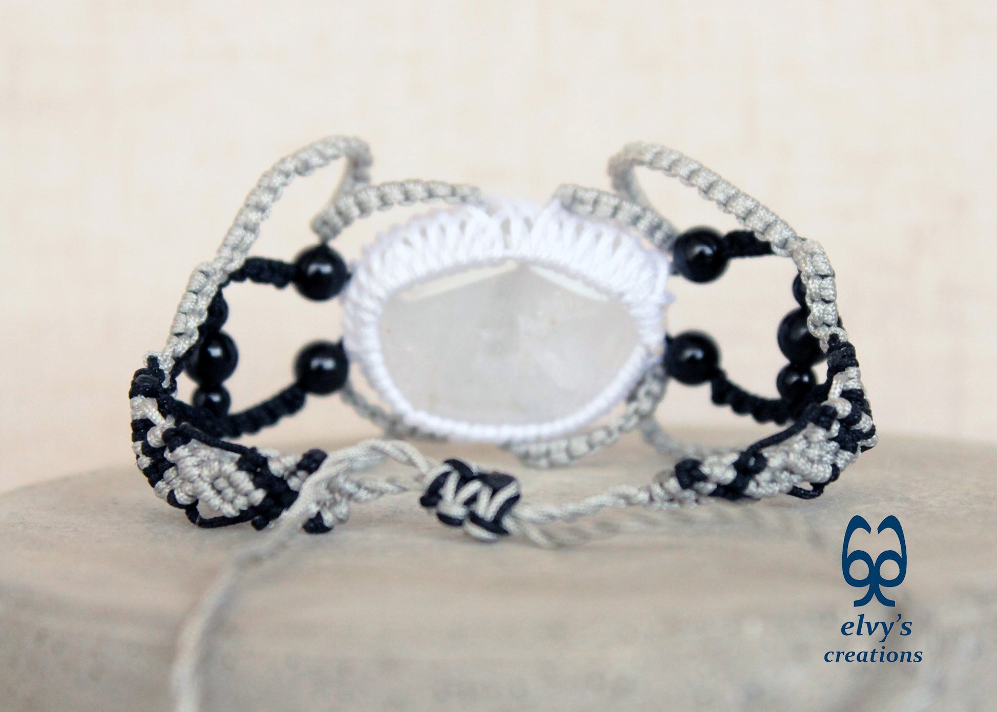 Black Macrame Bracelet, White Crystal Gemstone Handmade Unique Birthday Gift for Women