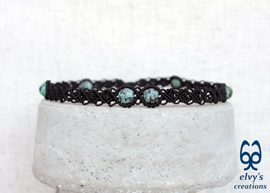 Black Macrame Choker With Turquoise Gemstones Beaded Adjustable Necklace for Women