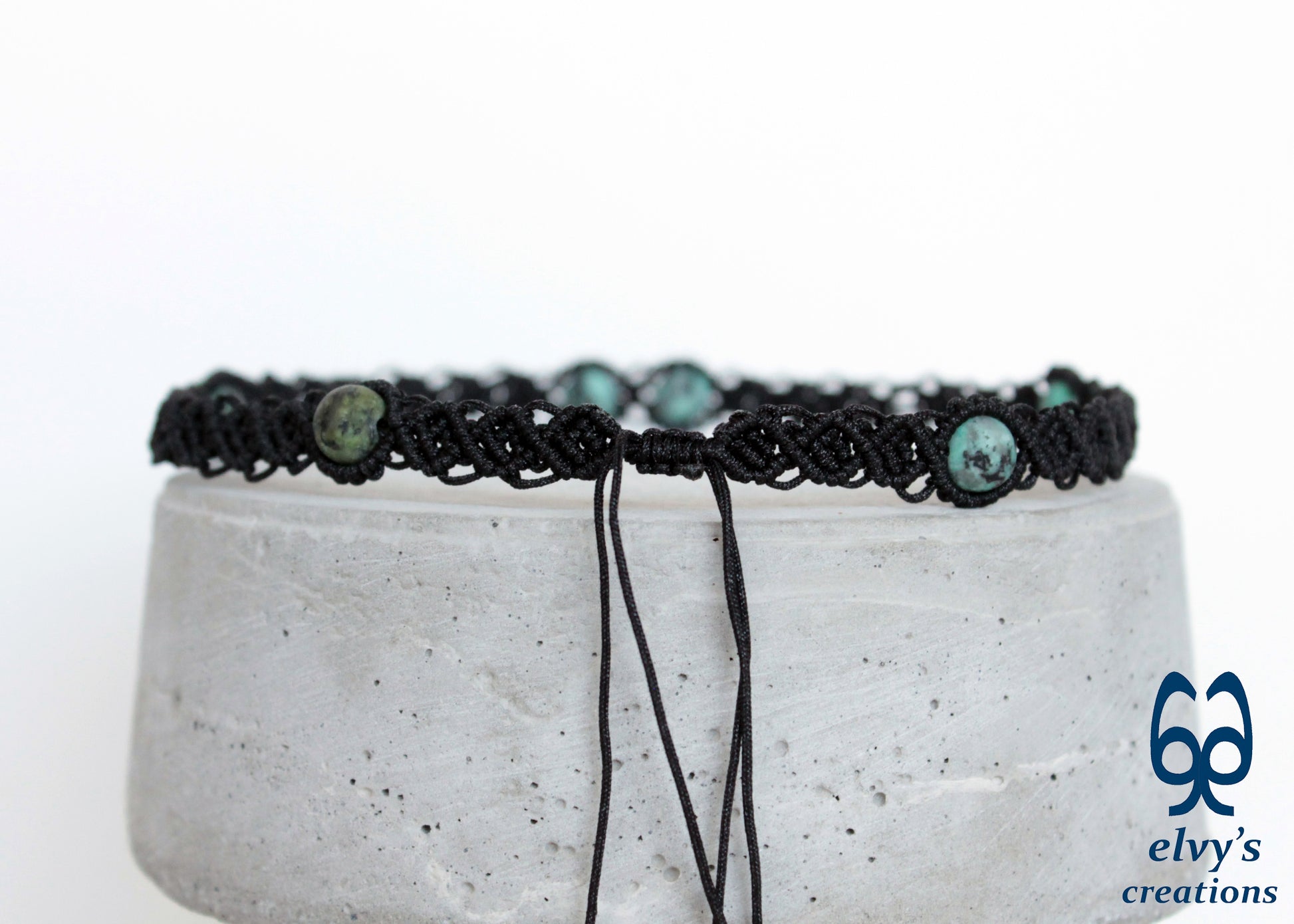 Black Macrame Choker With Turquoise Gemstones Beaded Adjustable Necklace for Women