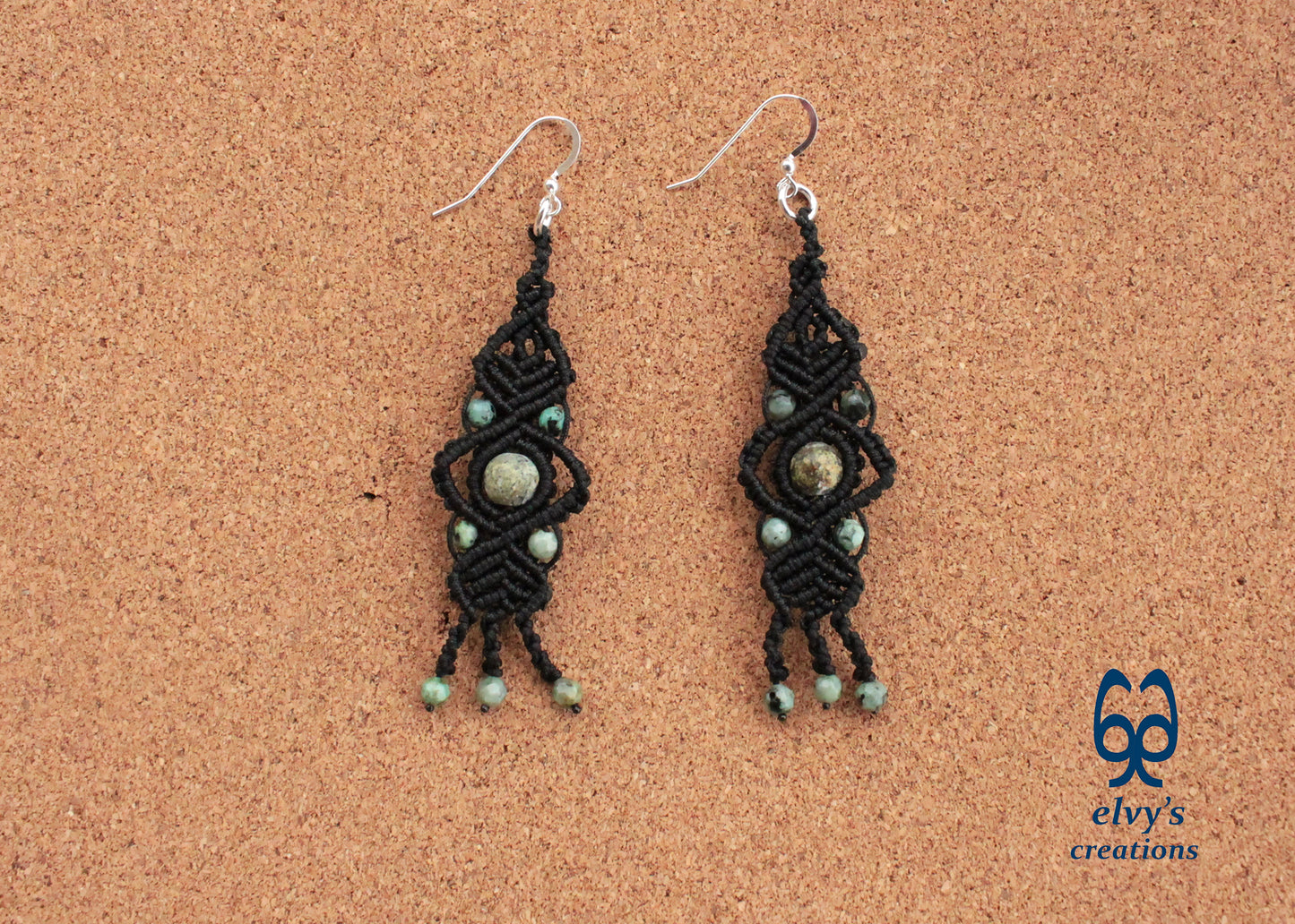 Black Macrame Earrings with Turquoise Gemstones Lace Silver Earrings