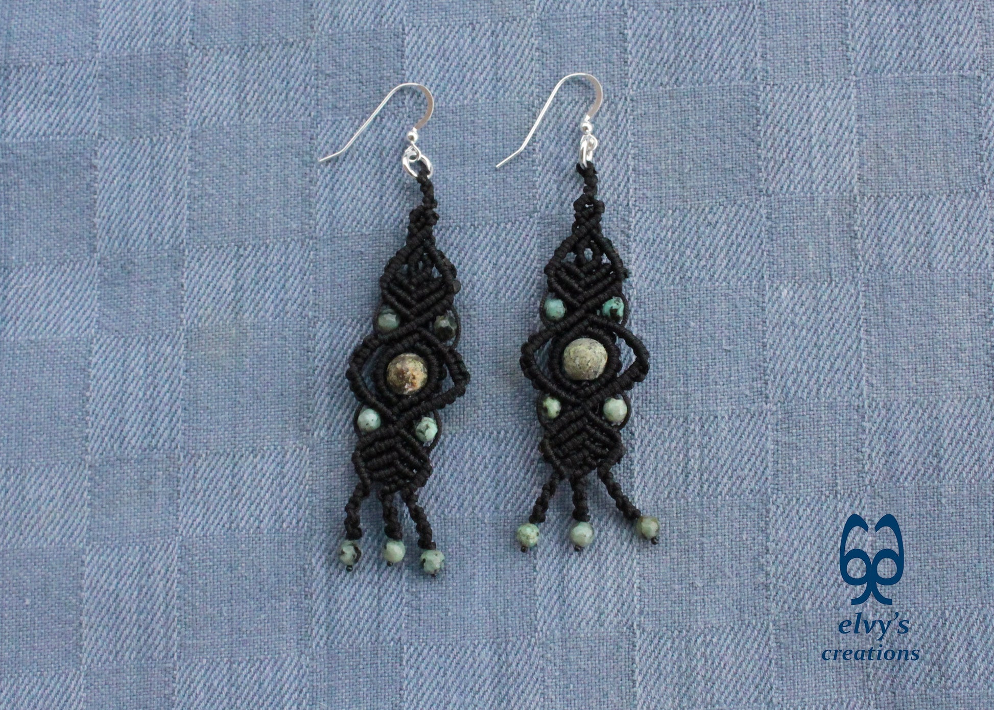 Black Macrame Earrings with Turquoise Gemstones Lace Silver Earrings