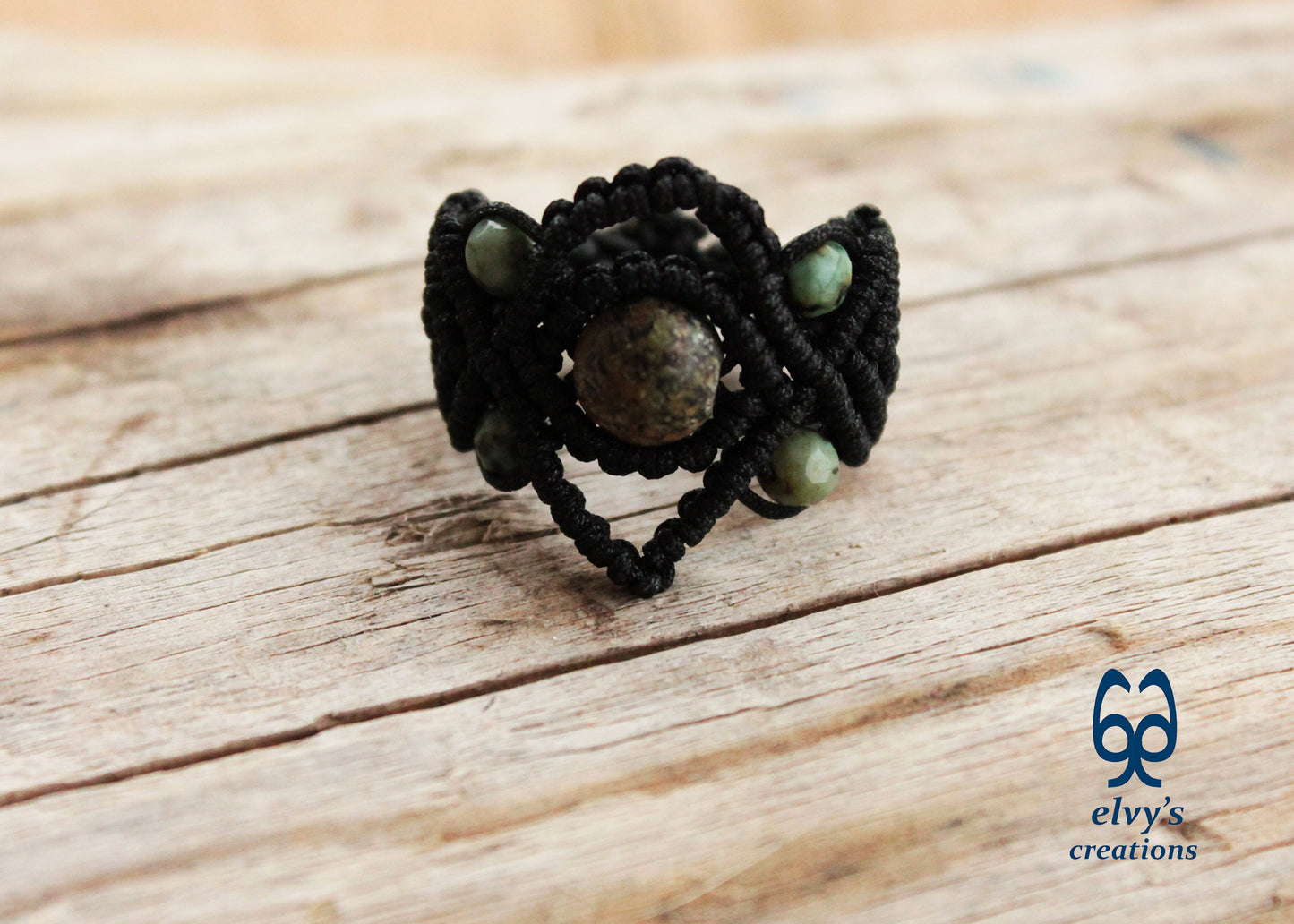 Black Macrame Ring with Turquoise Gemstones Handmade Macrame Jewelry