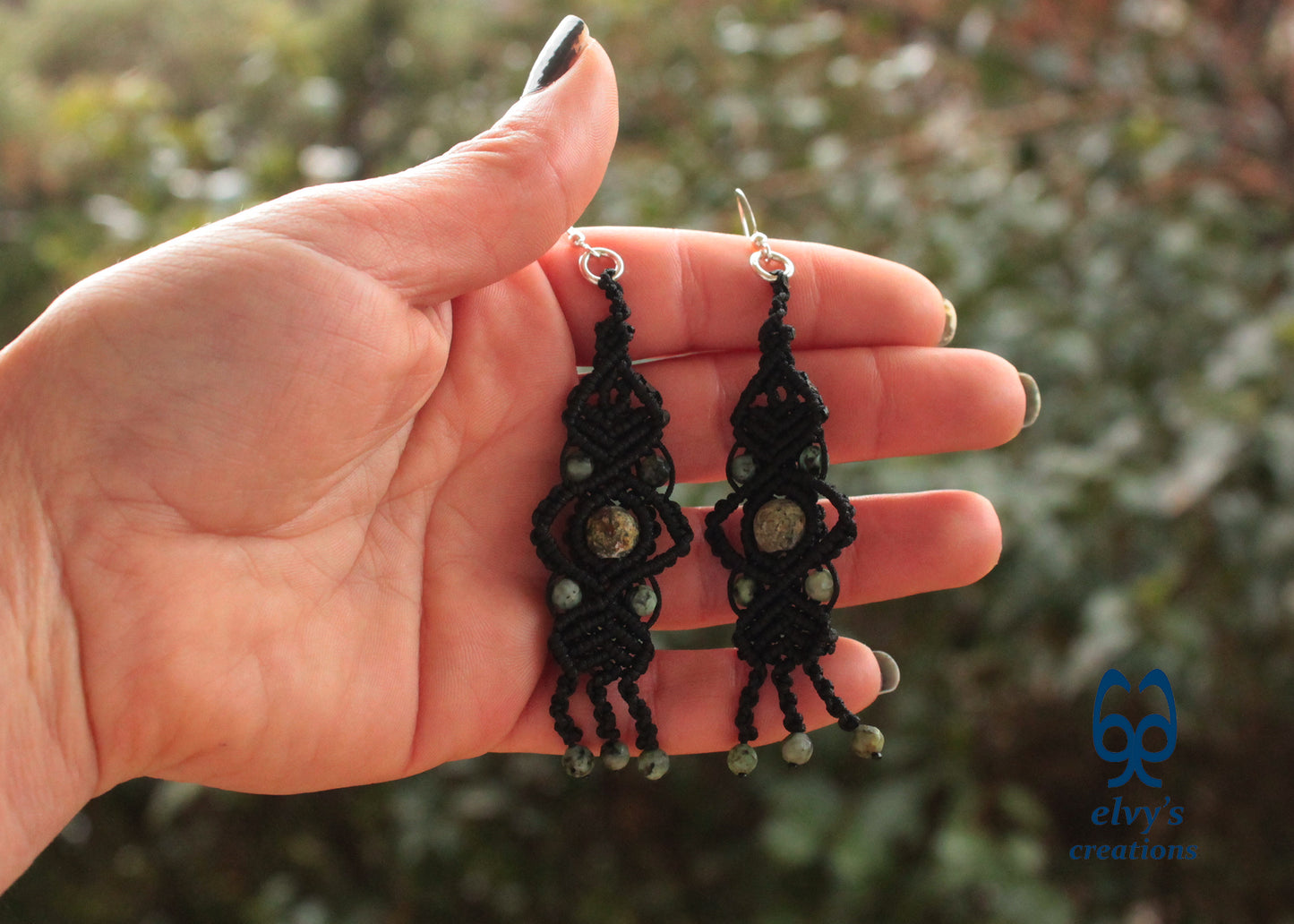 Black Macrame Earrings with Turquoise Gemstones Lace Silver Earrings