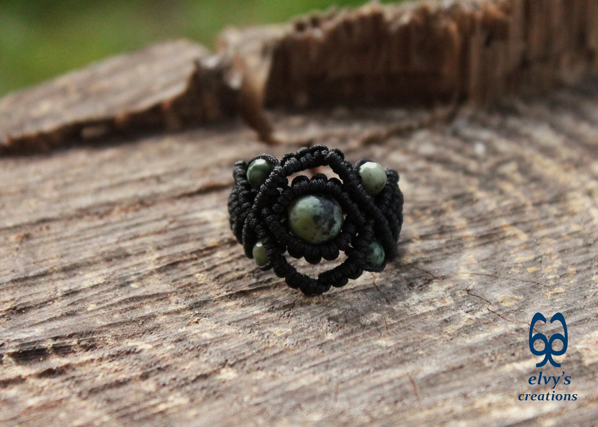 Black Macrame Ring with Turquoise Gemstones Handmade Macrame Jewelry