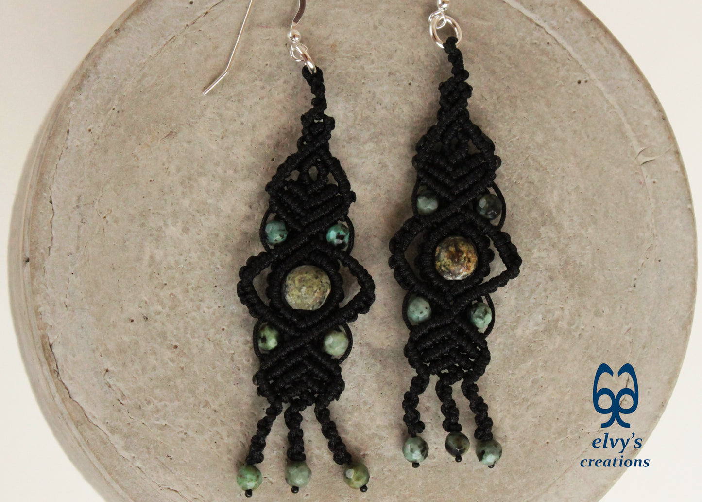 Black Macrame Earrings with Turquoise Gemstones Lace Silver Earrings