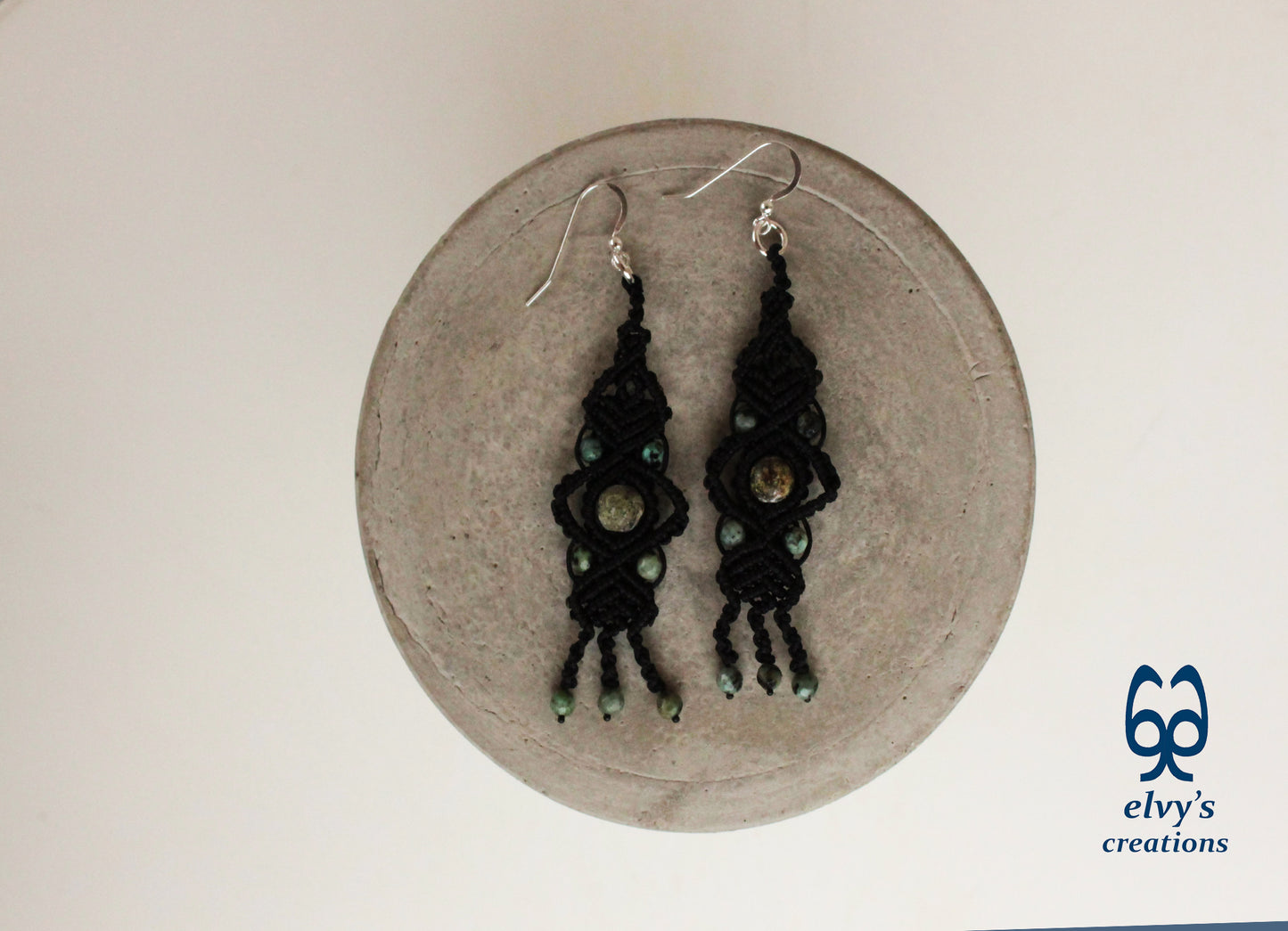 Black Macrame Earrings with Turquoise Gemstones Lace Silver Earrings